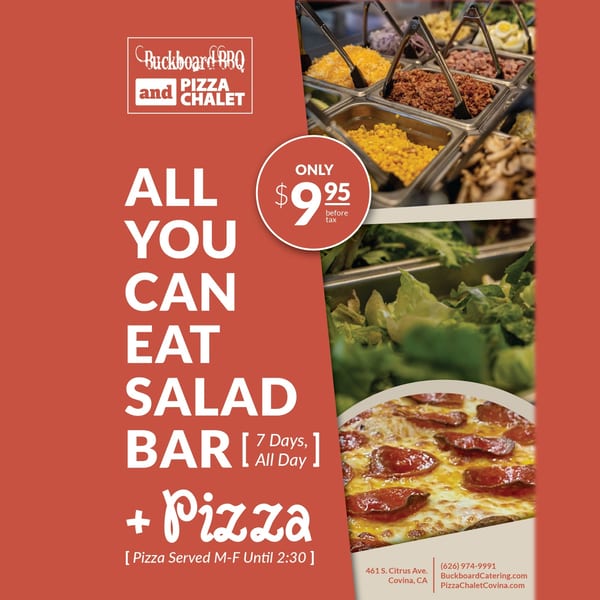 Pizza Chalet's all-you-can-eat salad bar with various toppings and a pepperoni pizza.