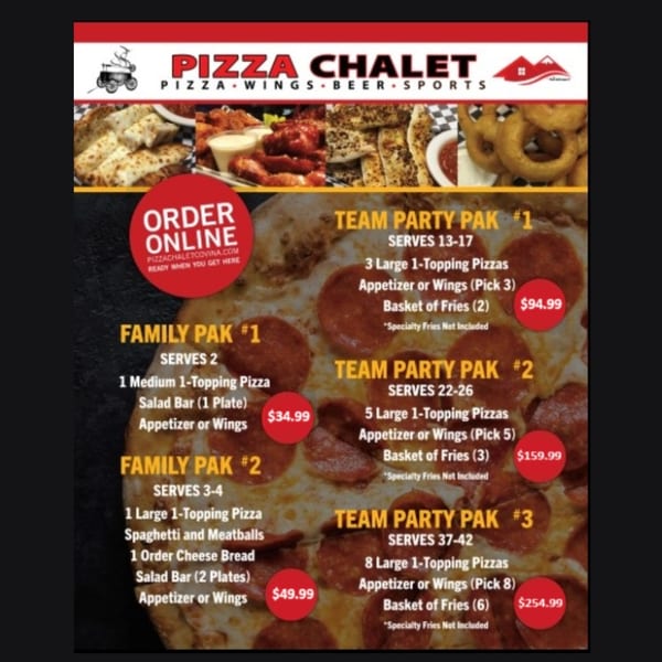 Pizza Chalet menu featuring various family and party packs with pizzas, wings, and appetizers.