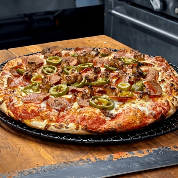 A freshly baked pizza with pepperoni, sausage, and jalapeños on a wire rack.