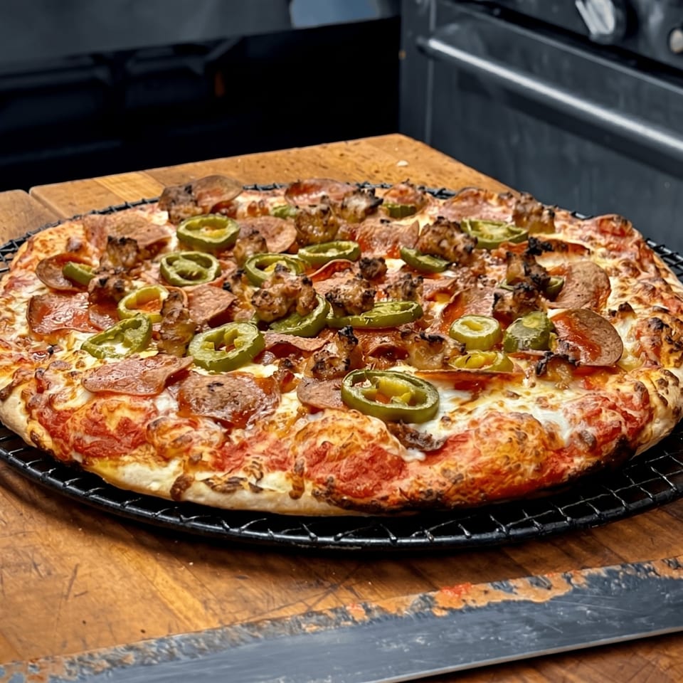 A freshly baked pizza with pepperoni, sausage, and jalapeños on a wire rack.
