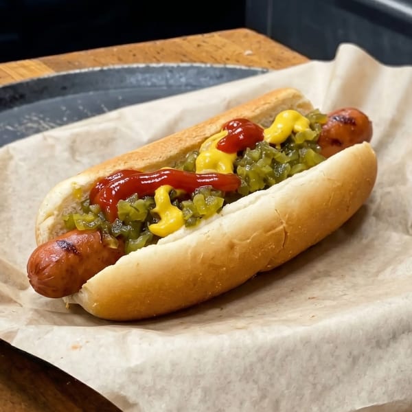 A grilled hot dog in a bun, topped with ketchup, mustard, and relish, on parchment paper.