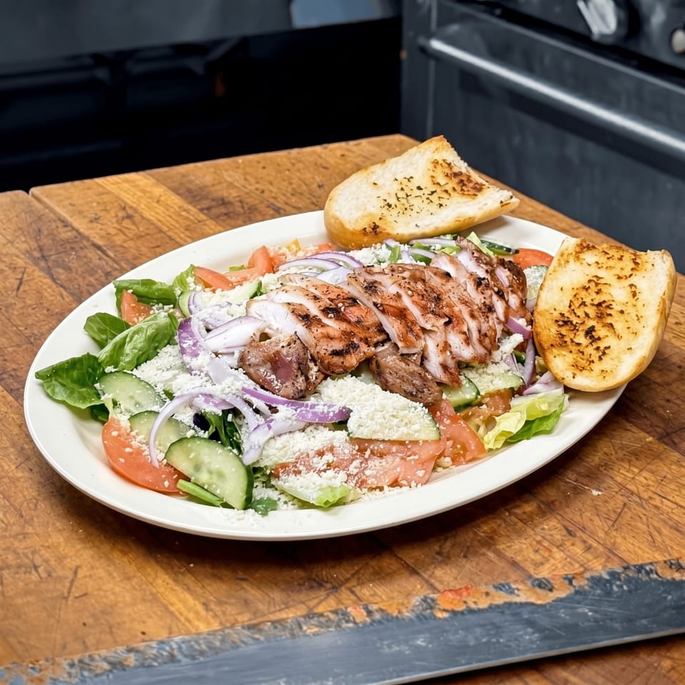 Grilled chicken salad with lettuce, tomatoes, cucumbers, red onions, feta cheese, and garlic bread.