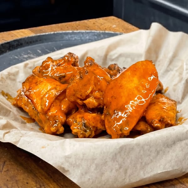 A close-up of several buffalo chicken wings coated in glossy orange sauce, served in a paper-lined basket.