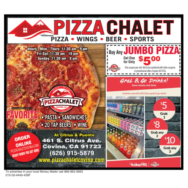 Pizza Chalet advertisement featuring a pepperoni pizza, store hours, and drink deals.