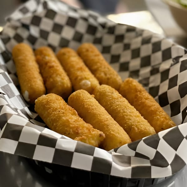 Golden-brown mozzarella sticks in a black and white checkered paper-lined basket at Pizza Chalet.